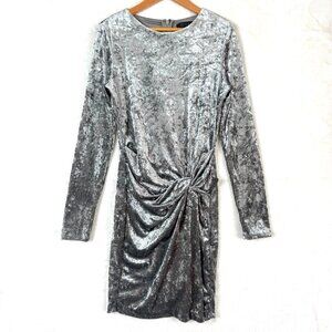 Guess Velvet Metallic Knotted Long Sleeve Bodycon Sheath Mini Dress S SIlver